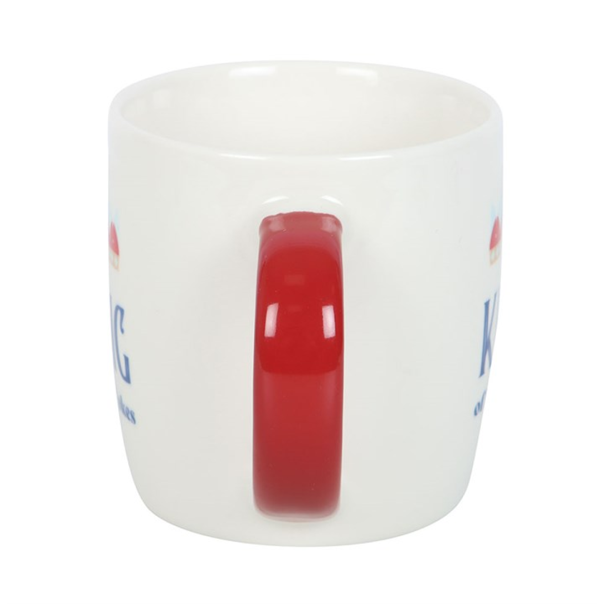 White ceramic mug with contrasting red handle. Crown motif with King of Dad Jokes text. Side view.