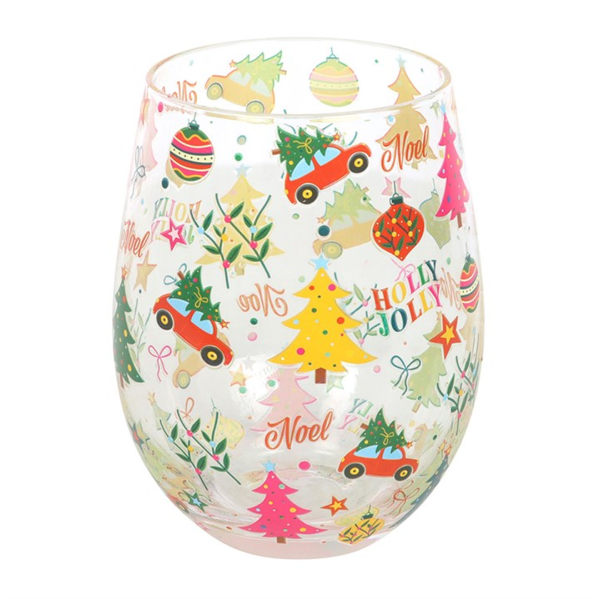 Clear water glass decorated with nostalgic festive motif, including baubles, christmas trees and cars with trees strapped to the roof.