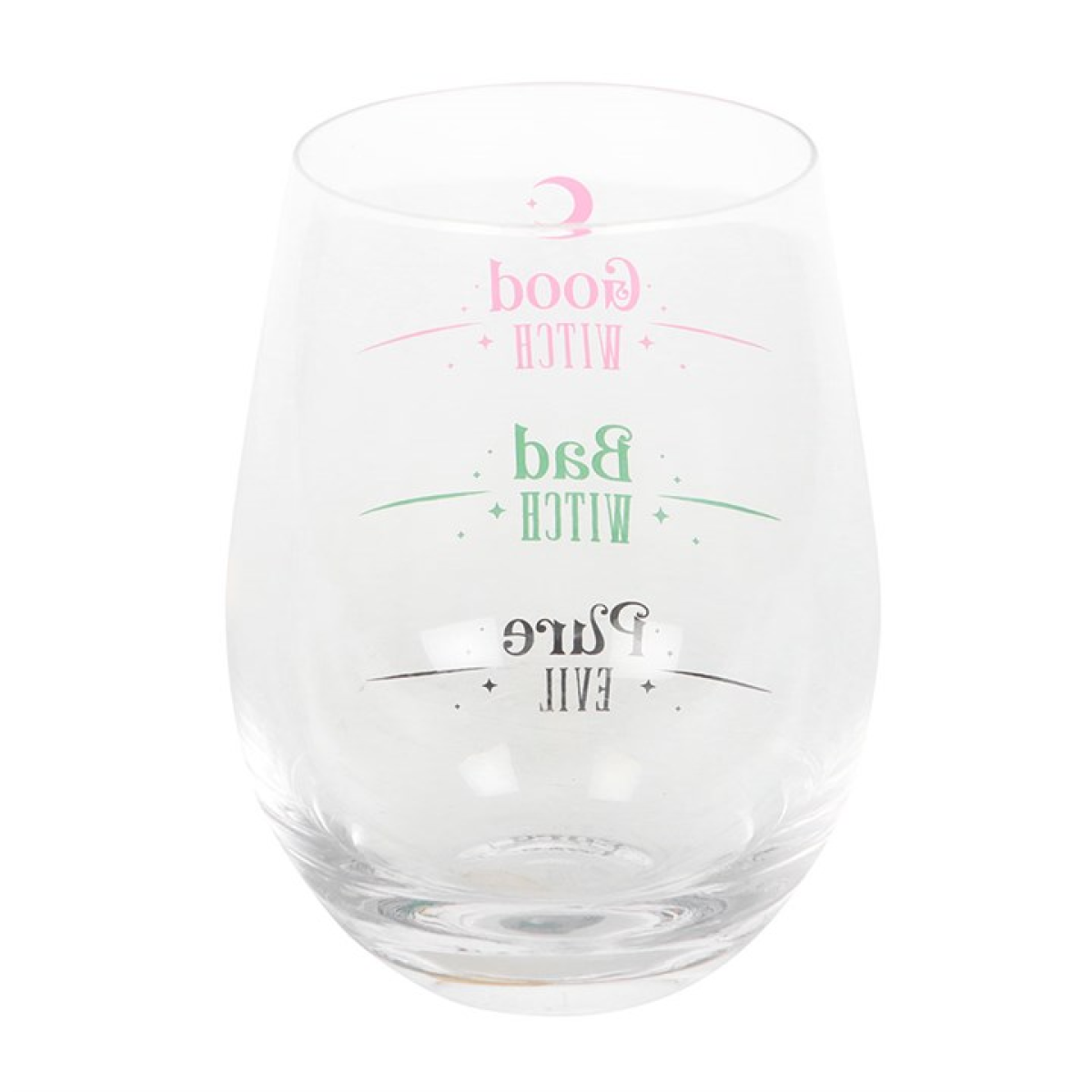 Clear rounded water glass with wicked-inspired text. Good witch, bad witch and pure evil - reverse view.