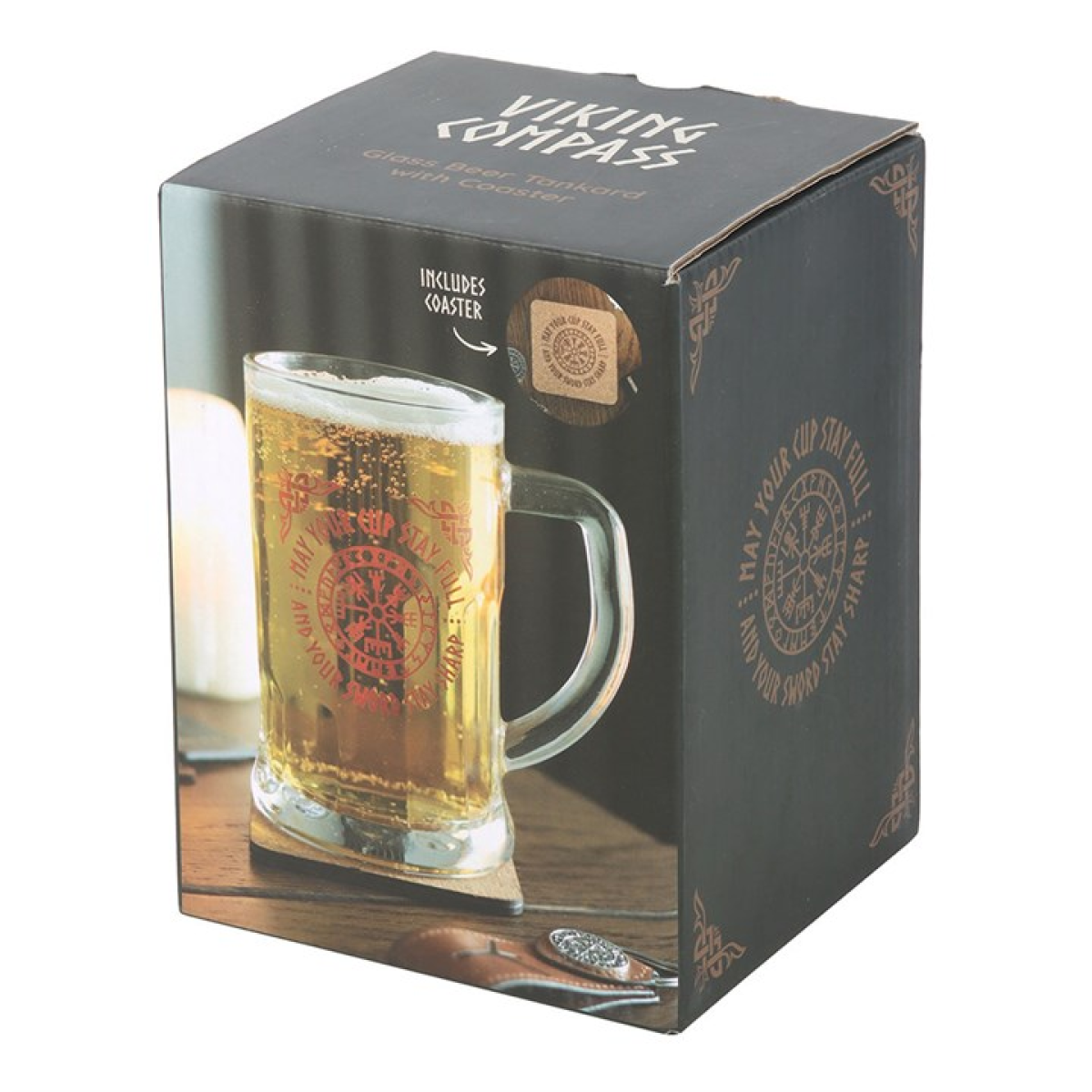 'Viking Compass' Glass Beer Tankard with Coaster ~ Gift Set