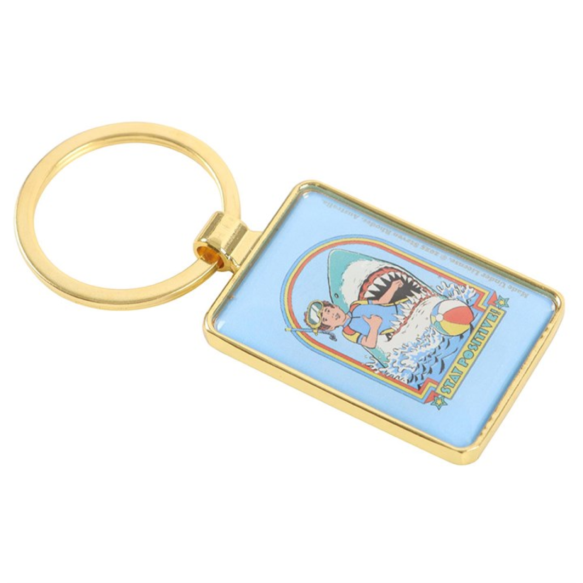 Steven Rhodes enamel keyring depicting a young snorkeler smiling and giving a high 5 from inside a sharks mouth! Text reads Stay Positive.
