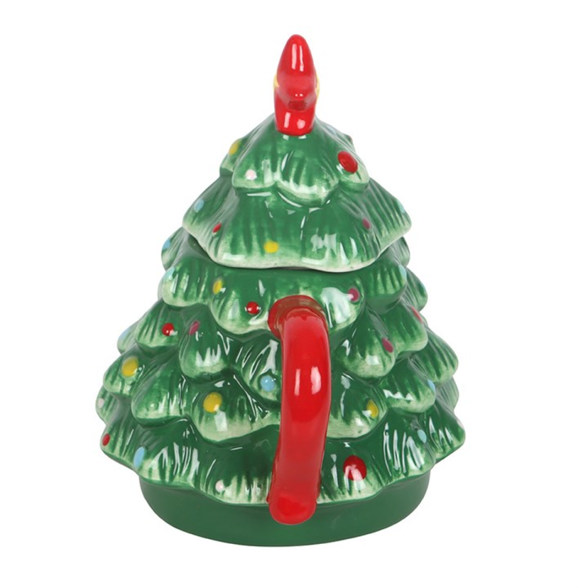Ceramic lidded mug, shaped like a traditional Christmas tree with a complementing red handle. Side view.