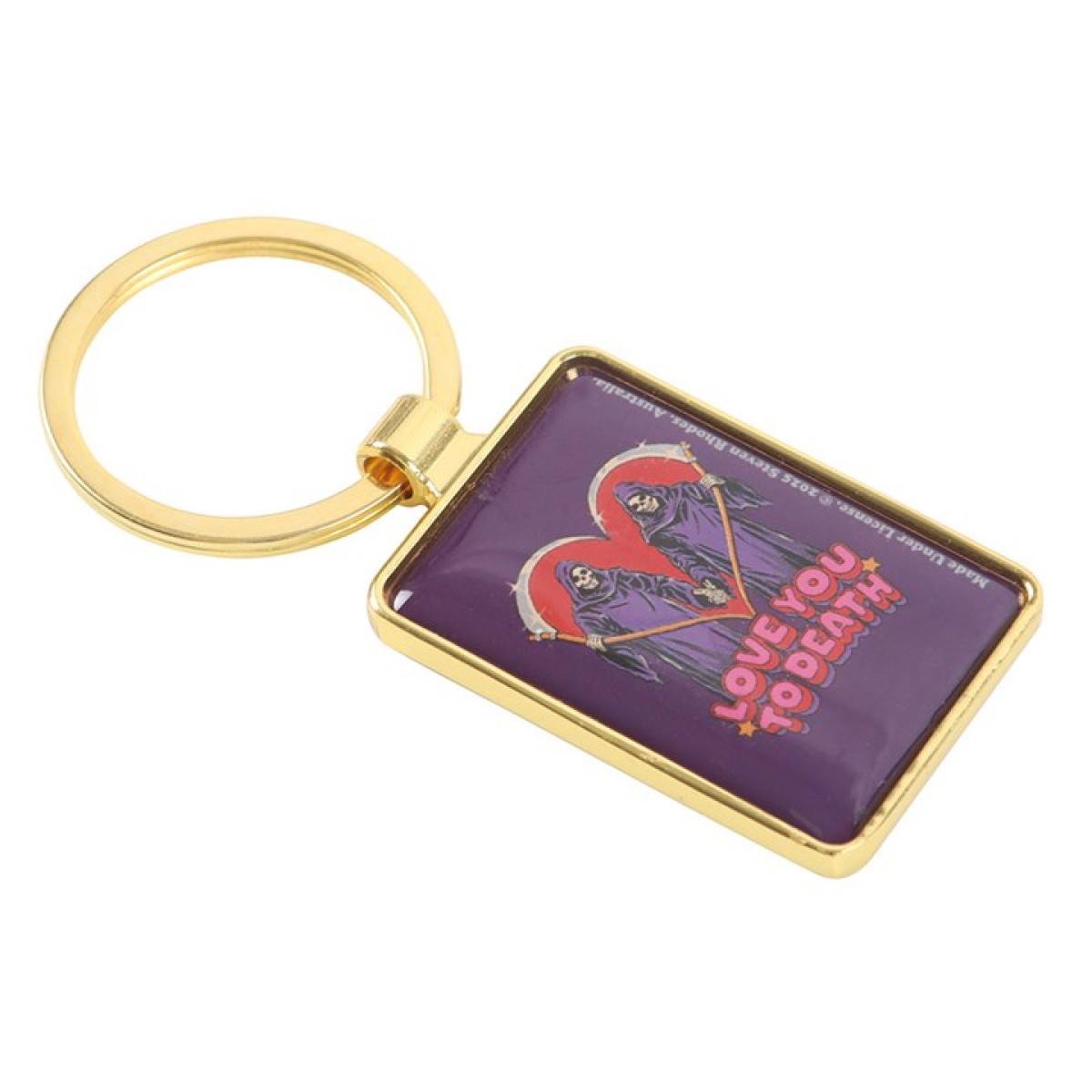 Steven Rhodes enamel keyring depicting two grim reapers creating a heart shape with their two scythes. Includes the text Love You To Death.