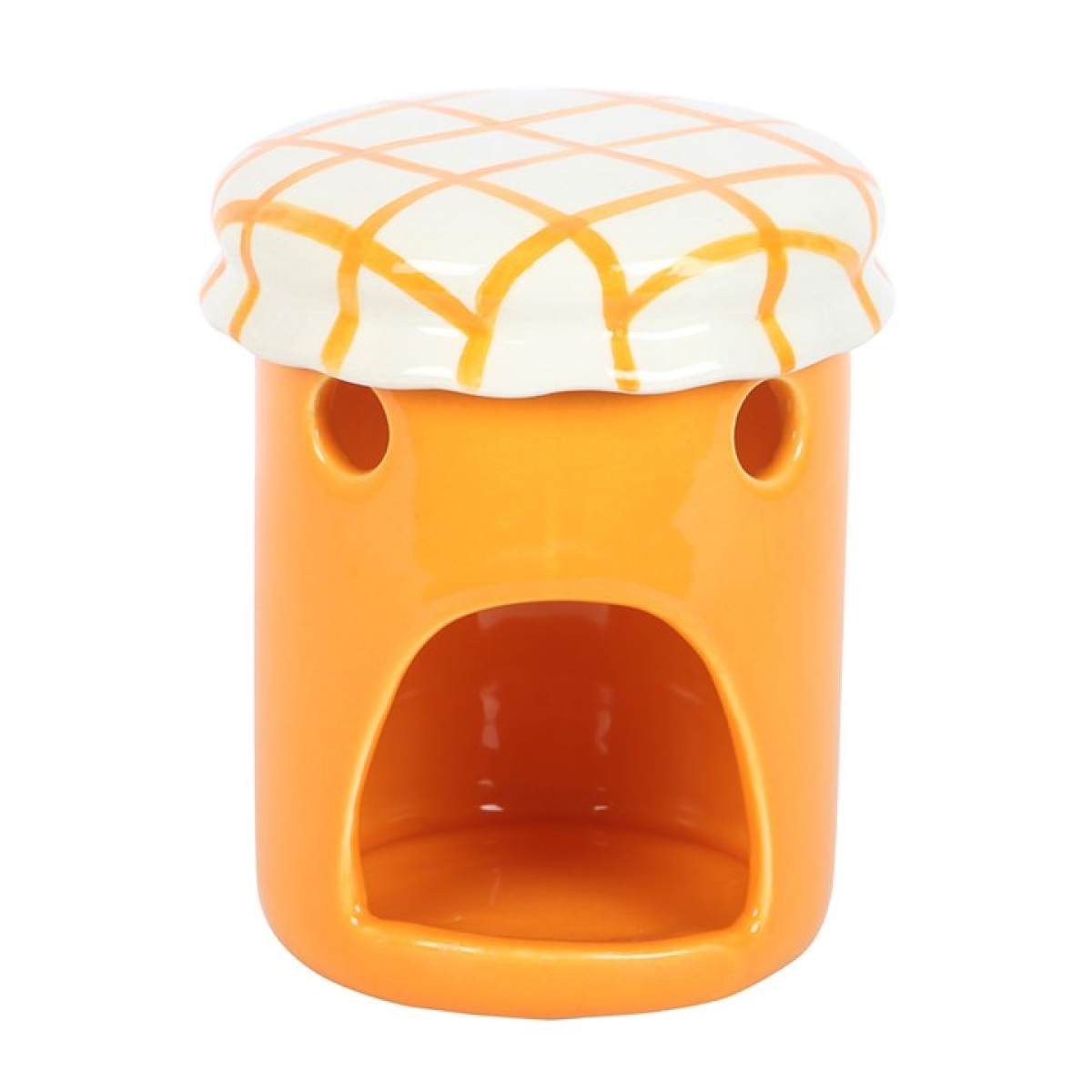 Orange marmalade jar shaped wax melter with gingham lid.