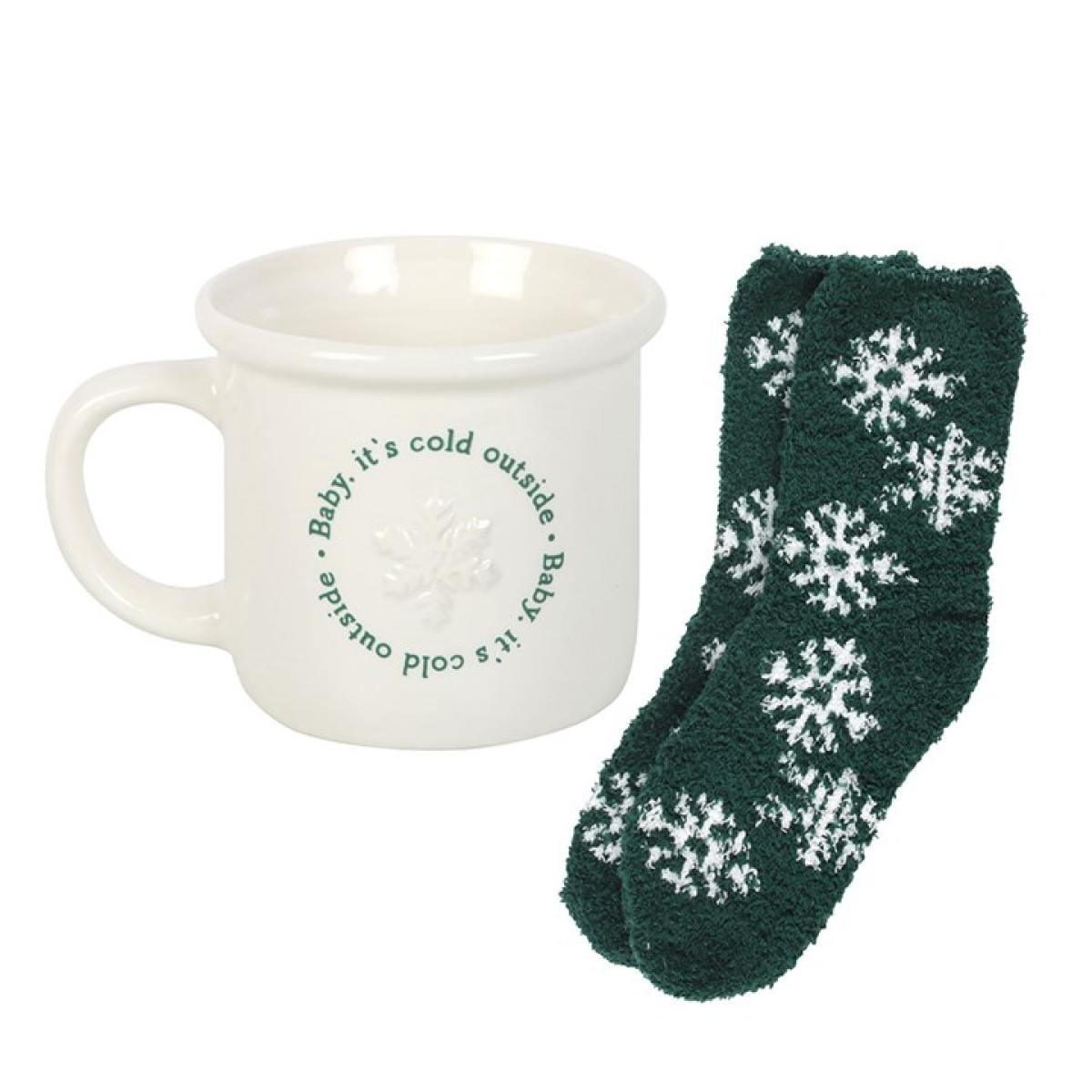 White ceramic mug with Baby, its cold outside text, and matching fluffy green socks with snowflakes motif.