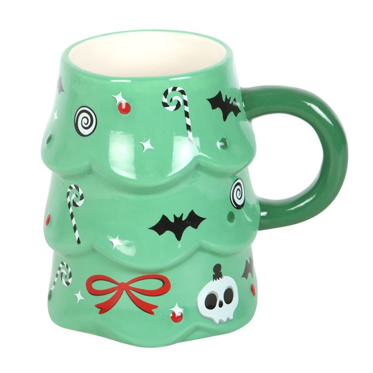 Christmas tree shaped ceramic mug with halloween-inspired accents, including curled candy canes, skull baubles and red bows.