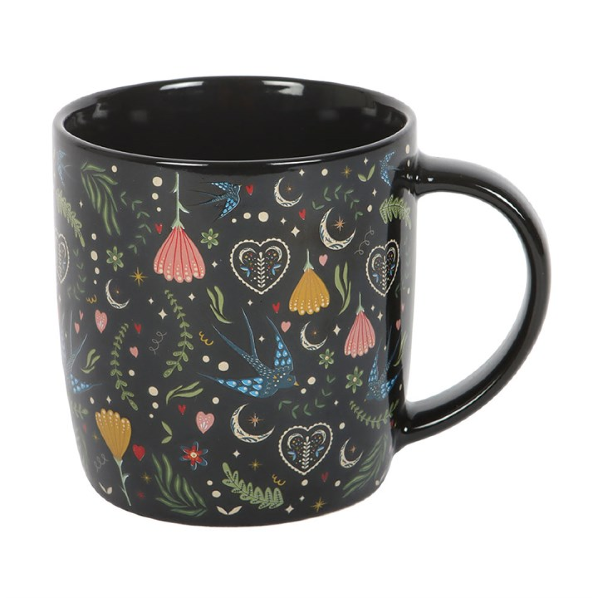 High quality ceramic mug with a vintage folk style flora and fauna design, with additional love heart and swallow accents on a black background.