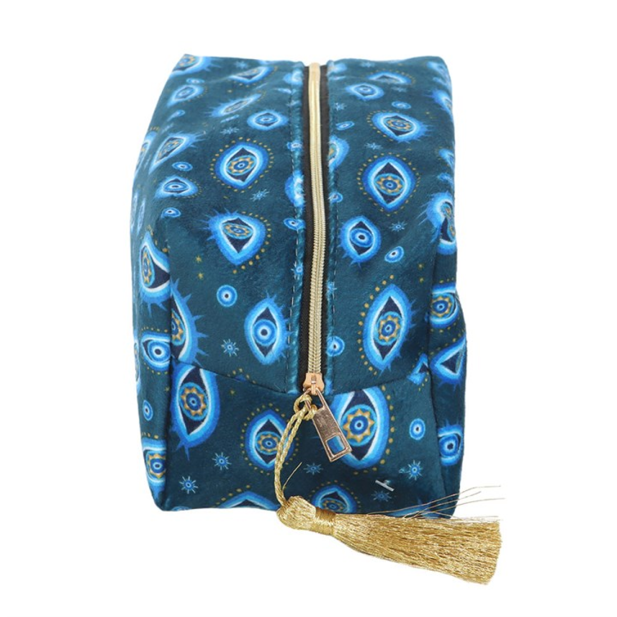 Velvet zip-close makeup bag with a divine protection all-seeing eye design and striking gold tassel zip.