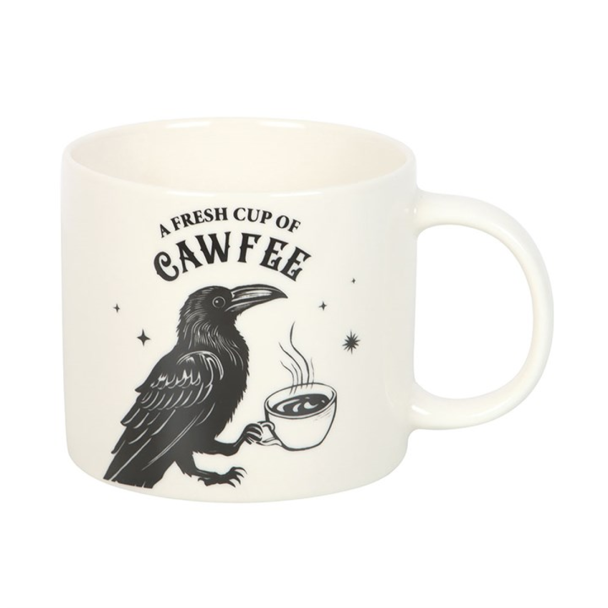White ceramic mug with a cheeky gothic design - a raven holding a steaming cup of coffee - with 'A Fresh Cup of Cawfee' text.