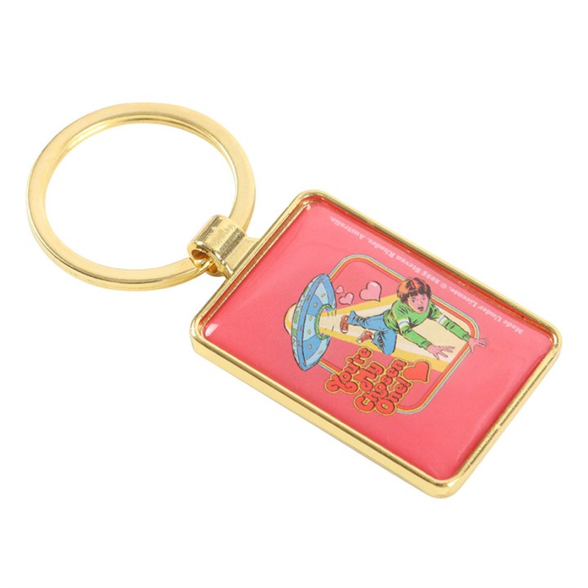 Steven Rhodes enamel keyring depicting a young boy being abducted by a UFO. Pink background with love heart accents and You're My Chosen One text.