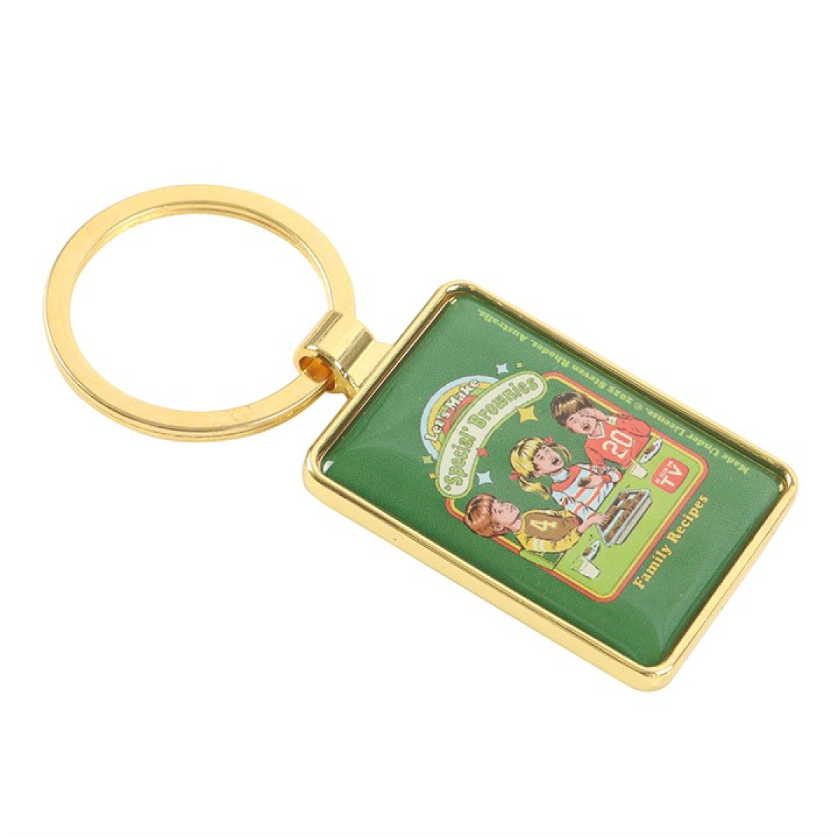 Steven Rhodes enamel keyring depicting three young children giggling and laughing while cutting up and eating brownies. Text reads 'Let's Make *Special* Brownies'.