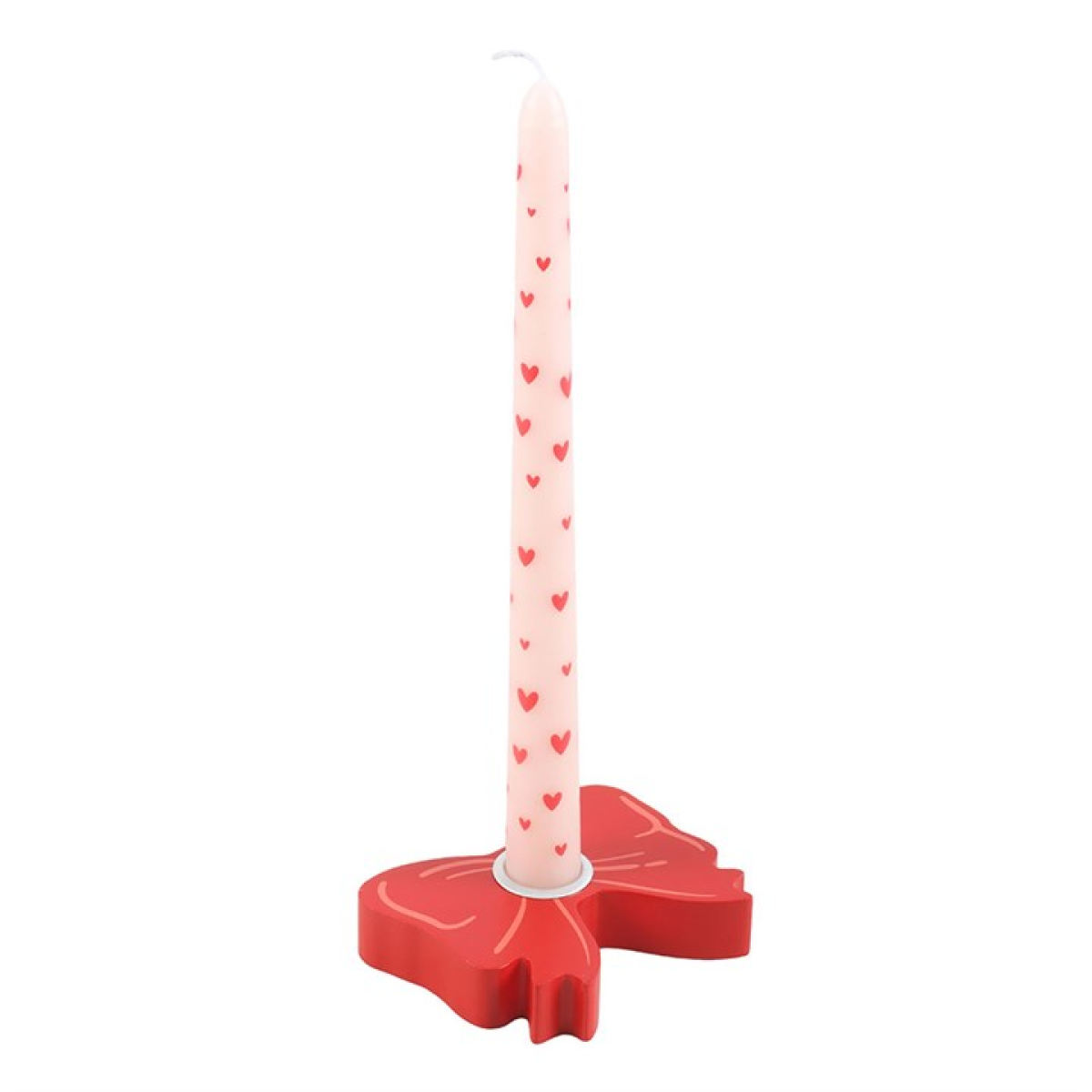 Red pop-art style candle holder, shaped like a classic bow. For use with tapered candles.