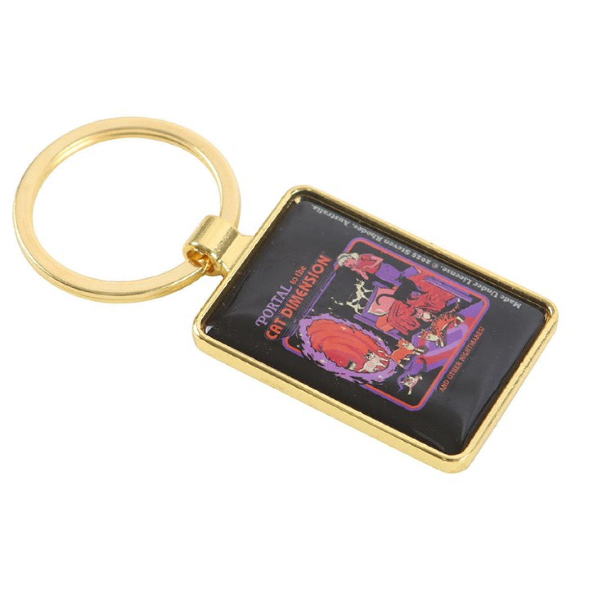 Steven Rhodes enamel keyring depicting a portal opening in a young woman's bedroom. The woman is standing by her bed, watching a line of cats emerging from the portal. Text reads Portal To The Cat Dimension, and other nightmares.