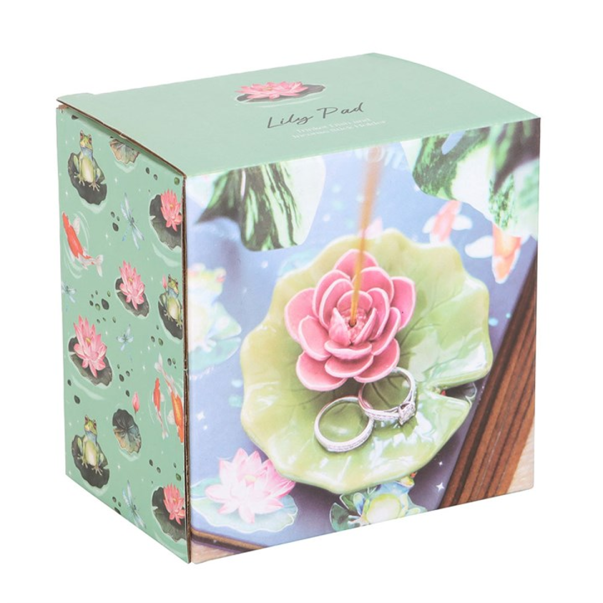 Ceramic lily pad shaped incense stick holder. Presented in a themed box.