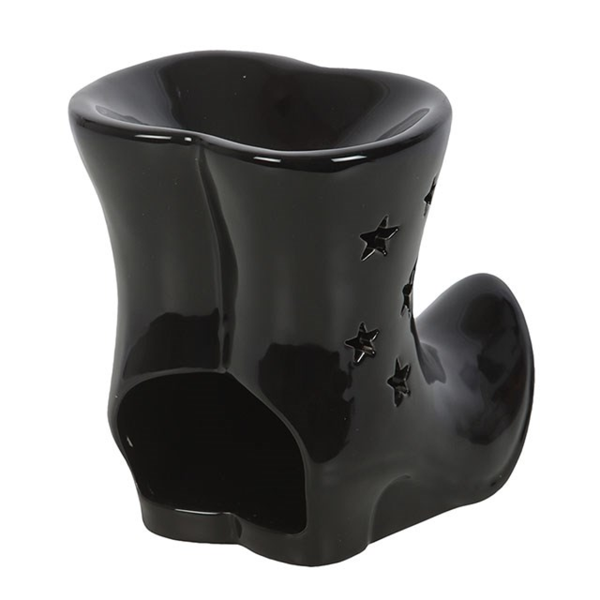 Ceramic wax melter and oil burner, shaped like toe-curled witches boots.