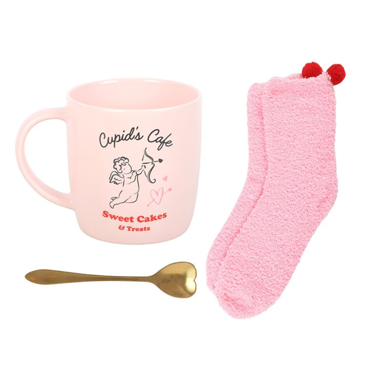Cupid's Cafe Gift Set incl. pink ceramic mug, golden tea spoon and cosy pink socks.