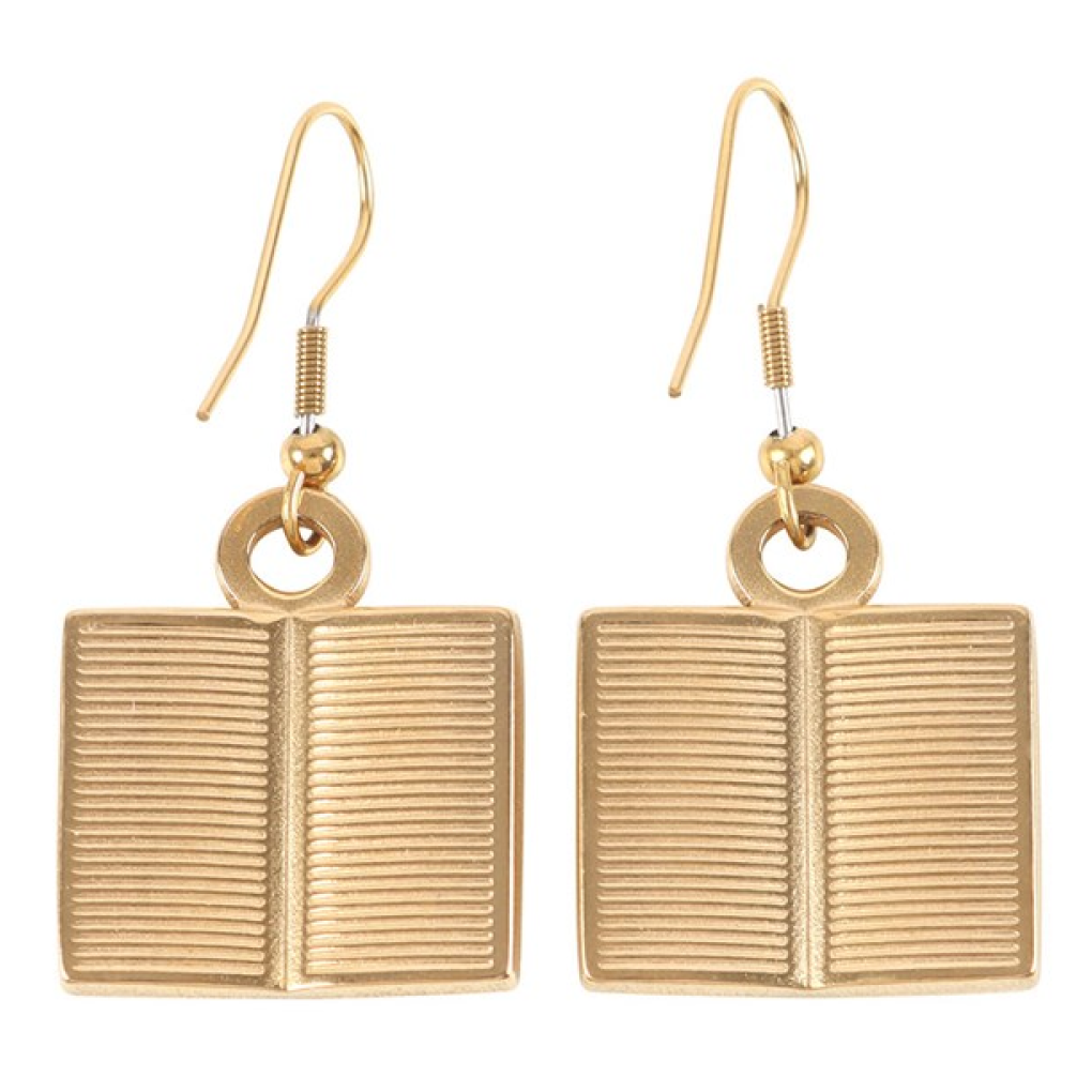 Gold-effect book shaped dangly earrings with charming Book Worm text. Reverse view.