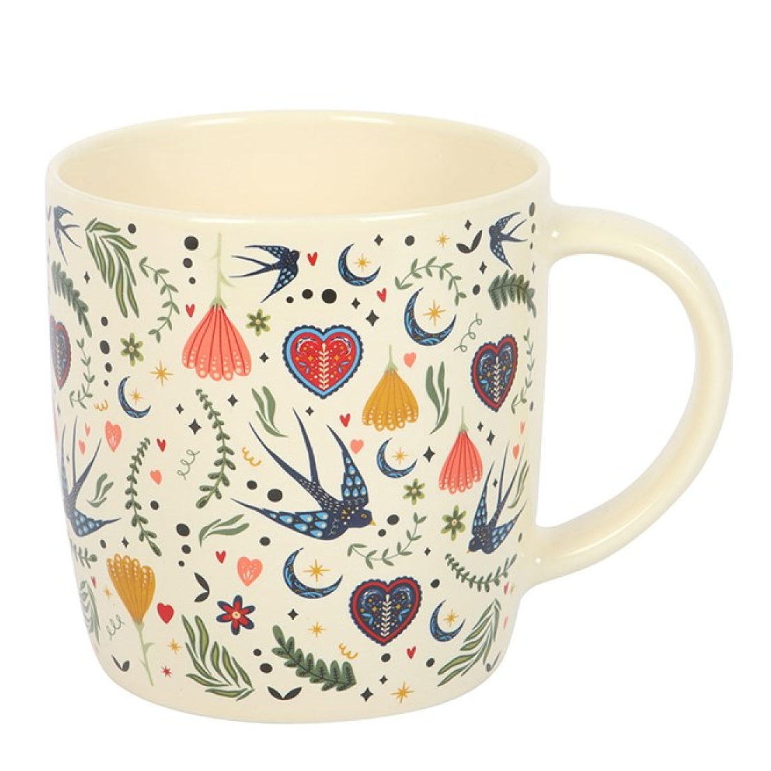 High quality ceramic mug with a folk-inspired design, including hearts, swallows, flora and fauna on a cream background.