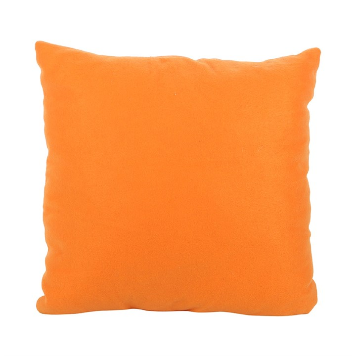 Square orange throw cushion with an adorable Halloween theme, including ghosts, cats, bats, candy corns and pumpkins. Reverse view.
