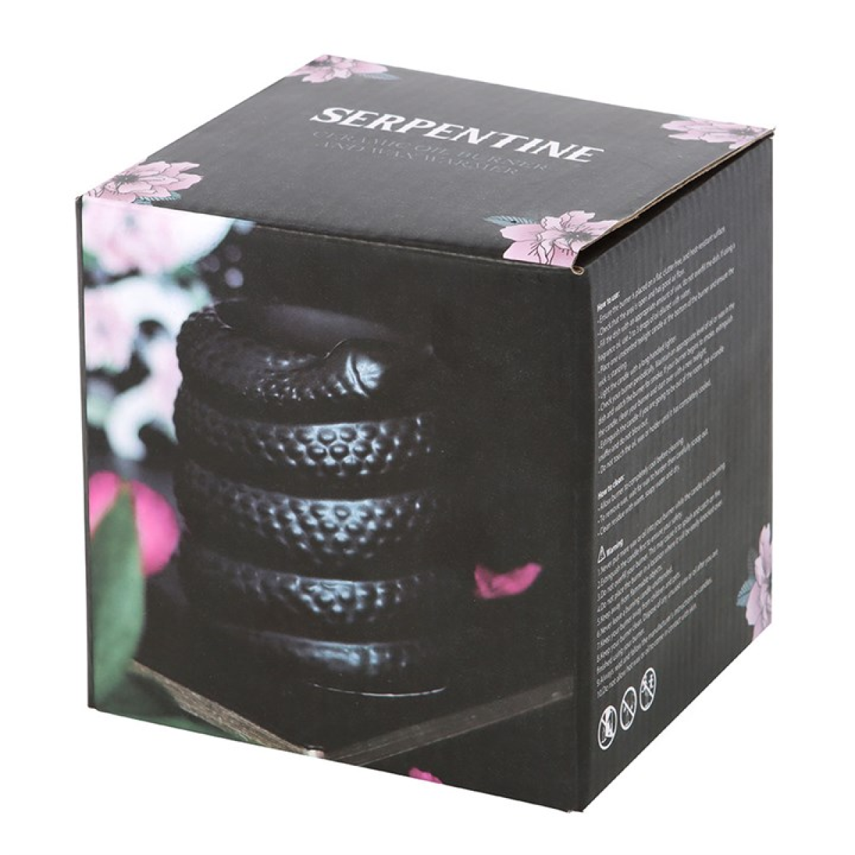 Black ceramic wax melter and oil burner, shaped like a coiled snake. Presented in a themed box.