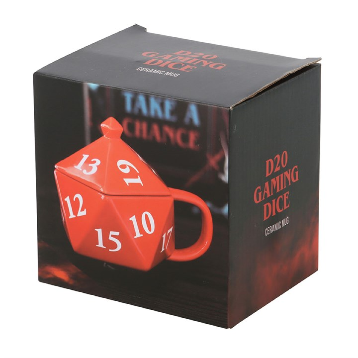 Ceramic lidded mug shaped like a red D20 gaming dice. Presented in a themed box.
