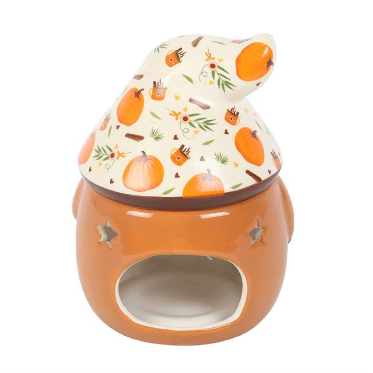 Autumn ceramic wax melter and oil burner. Scandi gonk with pumpkin-print removable hat.