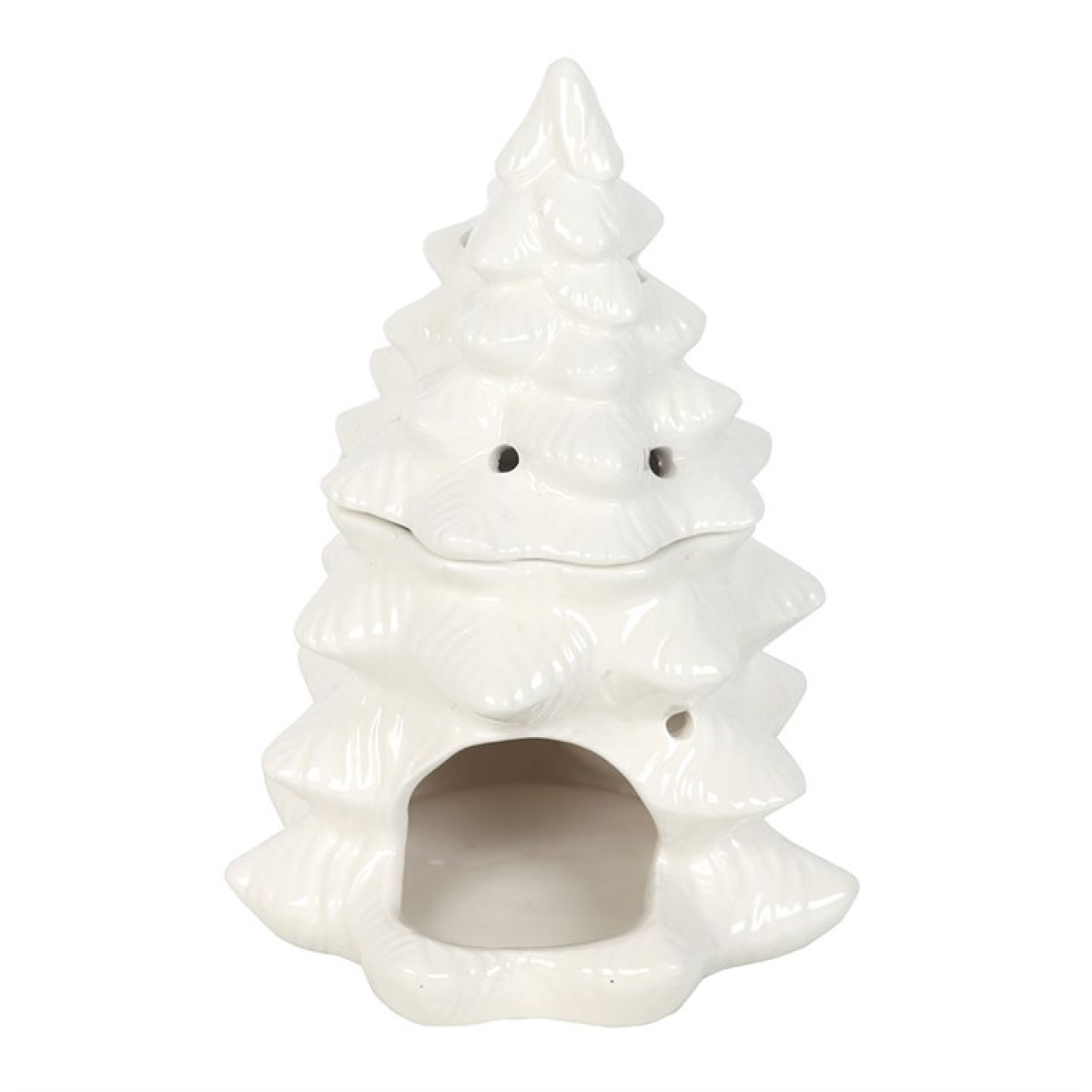 Ceramic wax melter and oil burner, shaped like a white spruce tree.