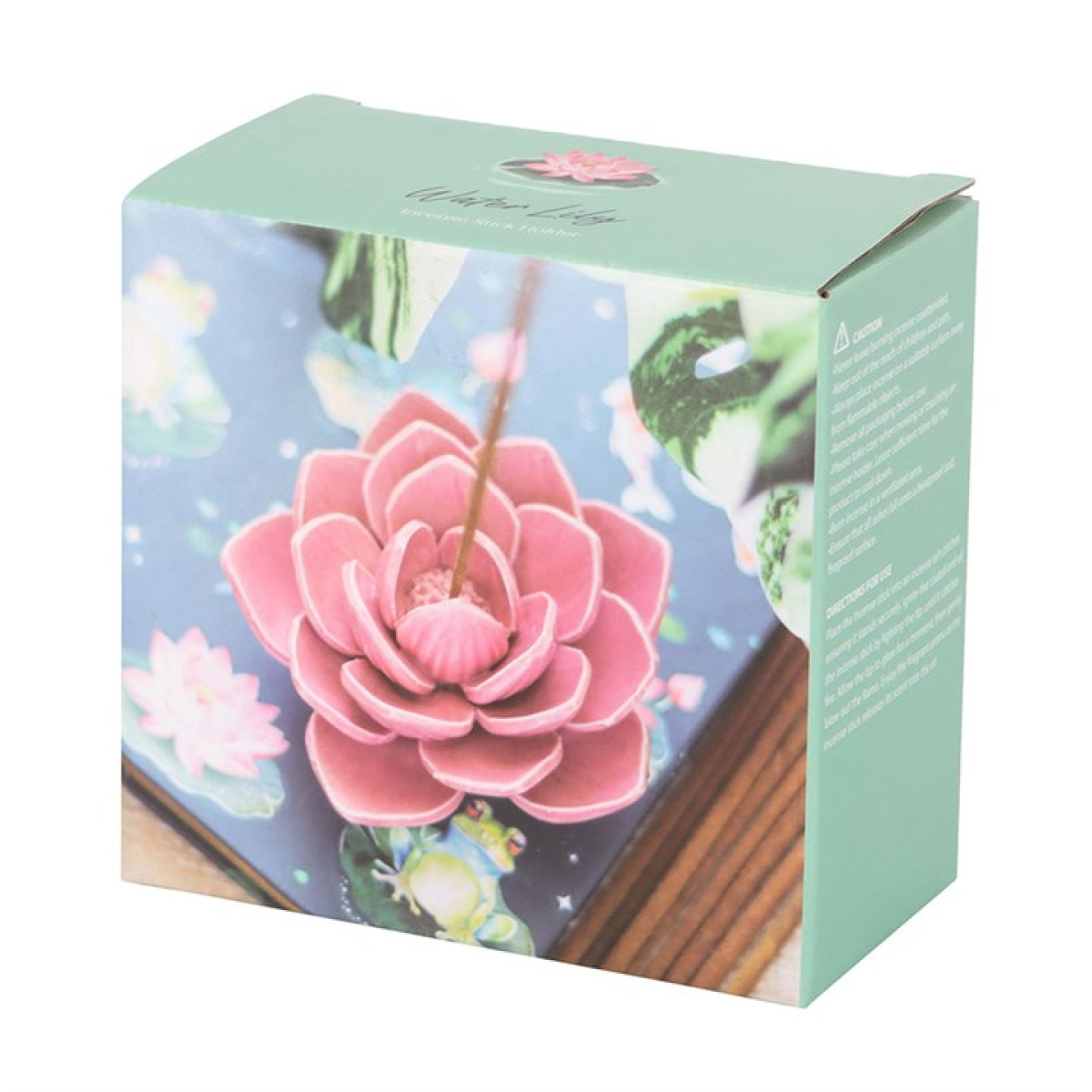 Pink water lily shaped ceramic incense stick holder. Presented in a themed box.