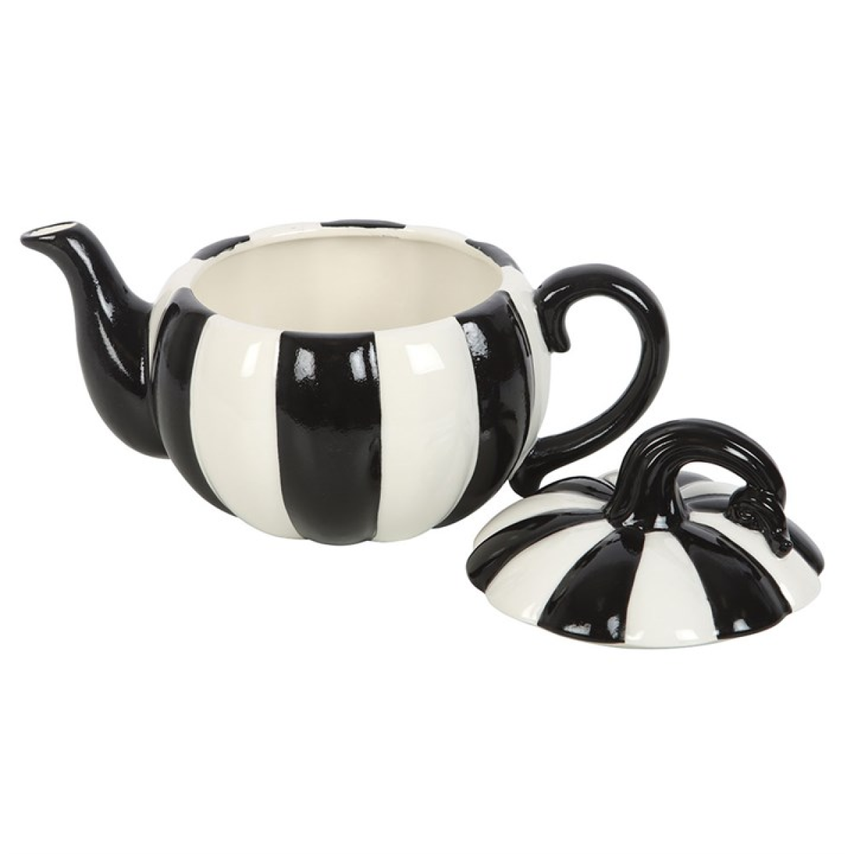 Monochrome striped pumpkin-shaped teapot with a stalk detailed lid.