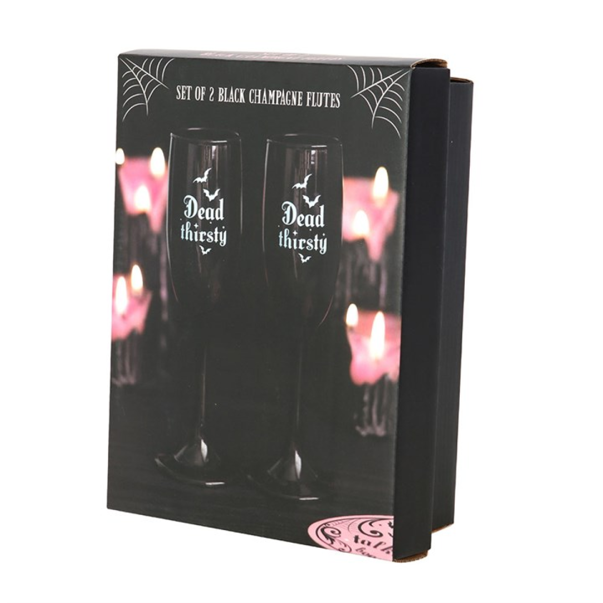 Set of two black champagne flutes with 'Dead thirsty' text in a decorative box.