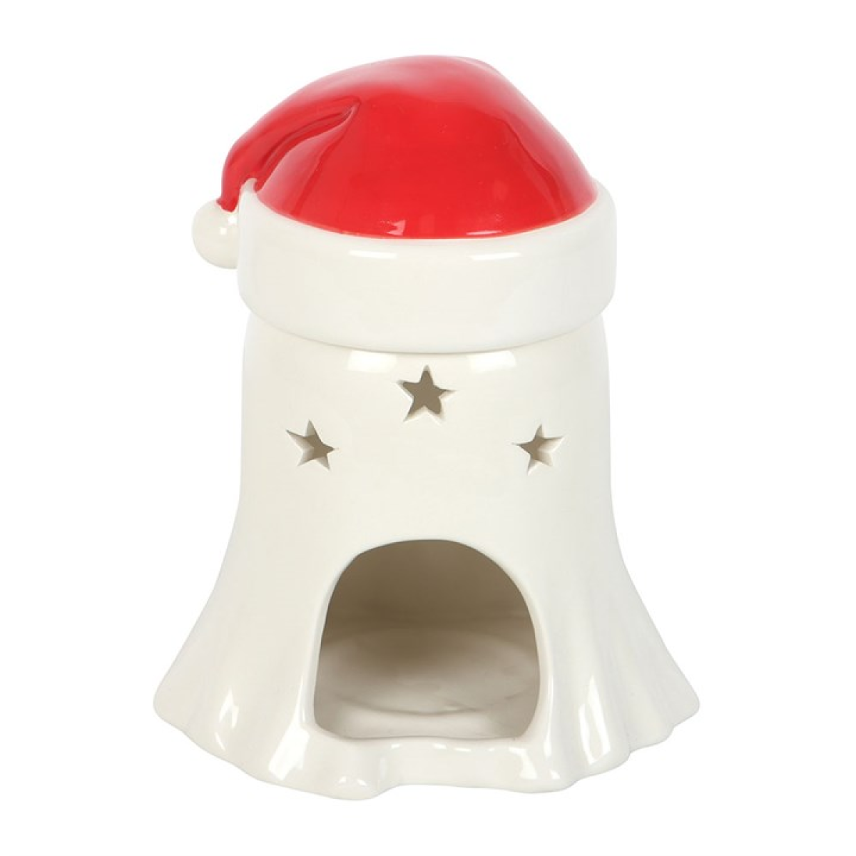 Ceramic wax melter and oil burner, shaped like a ghost wearing a santa hat.