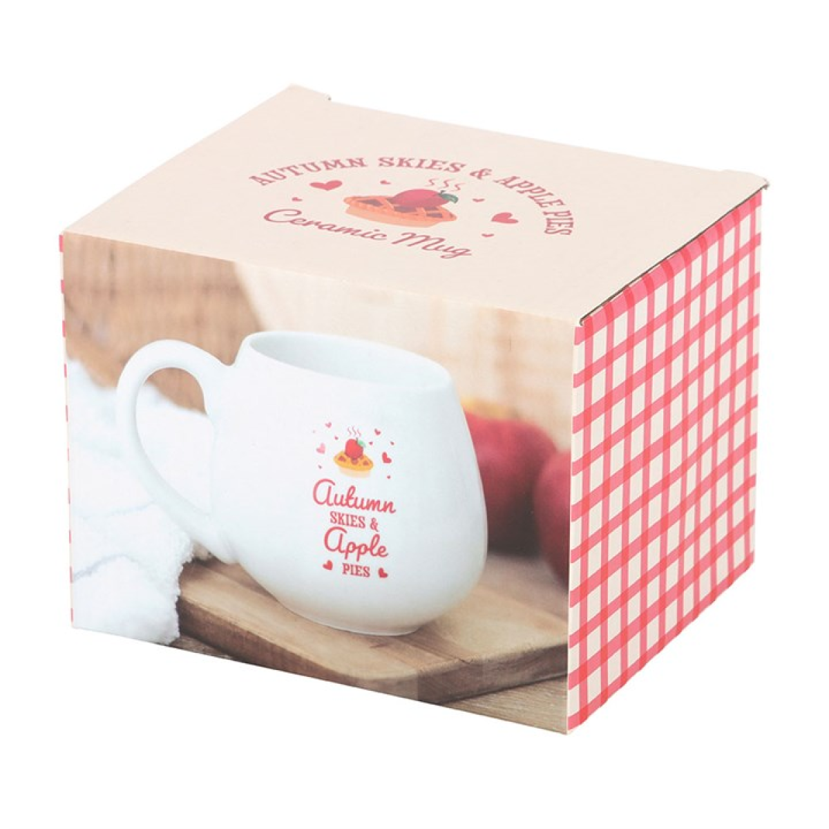 White rounded ceramic mug with cottage style apple pie and love hearts design and Autumn Skies & Apple Pies text. Presented in a themed box.