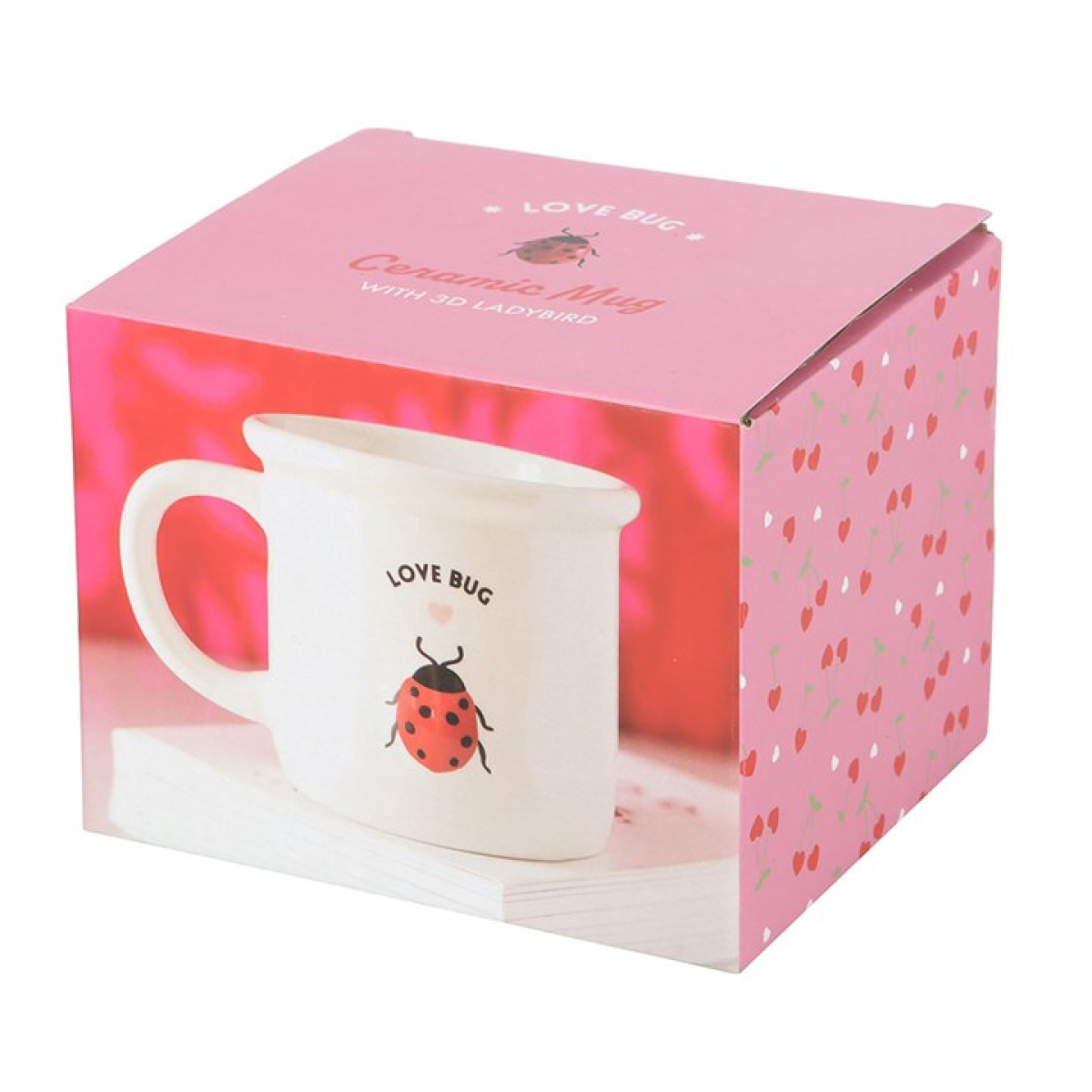 White ceramic mug with 3D ladybug, love heart and Love Bug text. Presented in a themed box.