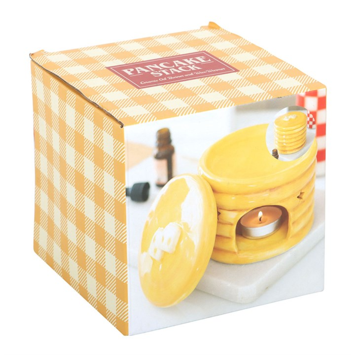Ceramic pancake stack shaped wax melter and oil burner. Presented in themed box.