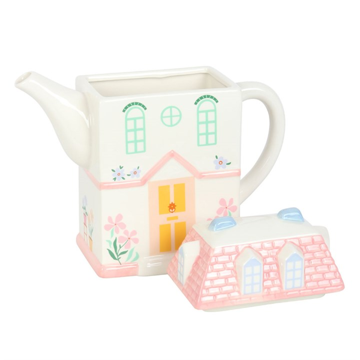 Cottage-core style cottage-shaped teapot.