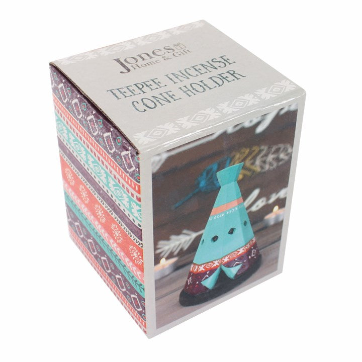 Boho-style teepee shaped incense cone burner. Presented in a themed box.