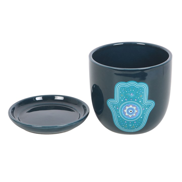 Dark blue ceramic plant pot with matching sauce and detailed Hand of Hamsa design.