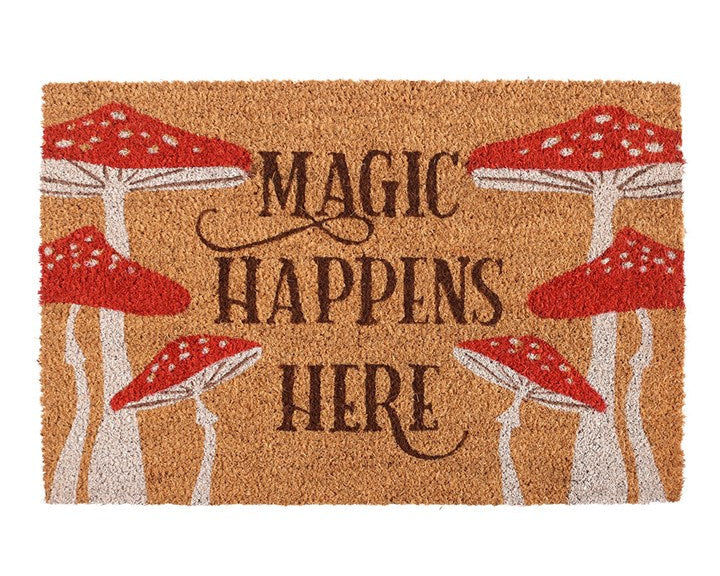 Decorative doormat with 'Magic Happens Here' text and a fantasy mushroom design.