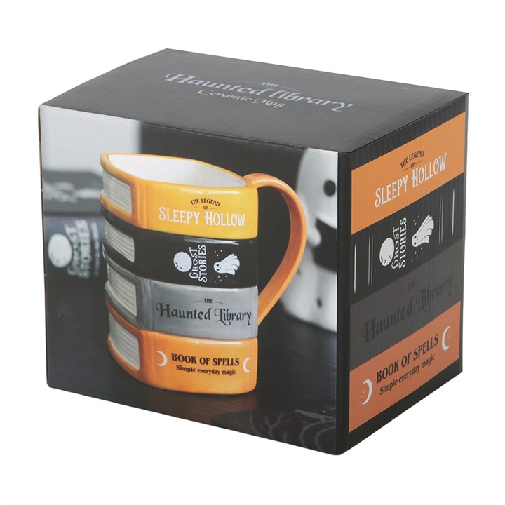 Halloween themed ceramic mug, designed to resemble a stack of ghost stories and spell books. Presented in a themed box.