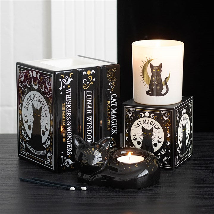 Ceramic wax melter and oil burner shaped like a trio of black cat-inspired spell books. Presented alongside other items from the same range.
