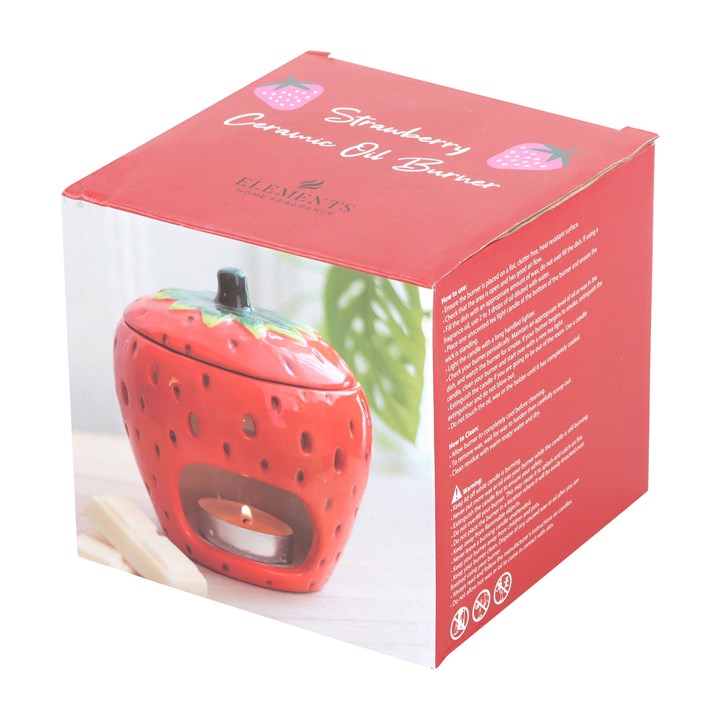 Strawberry shaped ceramic wax melter and oil burner. Presented in a themed box.