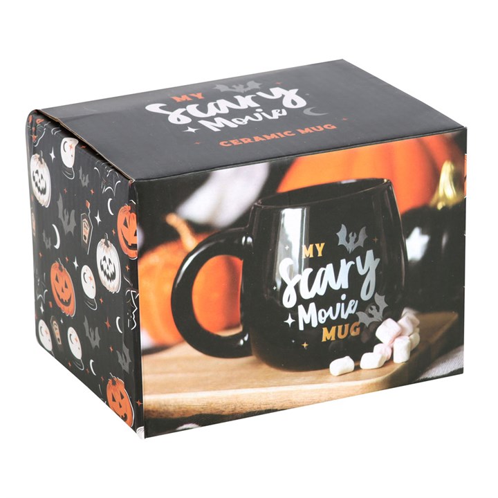 Black rounded ceramic mug with bat and crescent moon design and cheeky 'My Scary Movie Mug' text. Presented in a themed box.