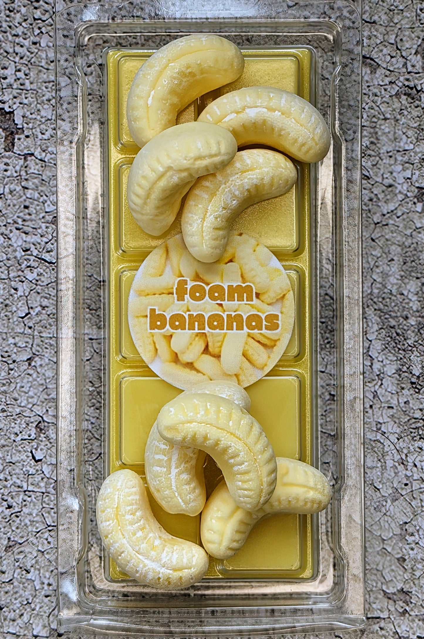 Foam Bananas coconut wax melt. Yellow snap bar with bright yellow shimmer accent.