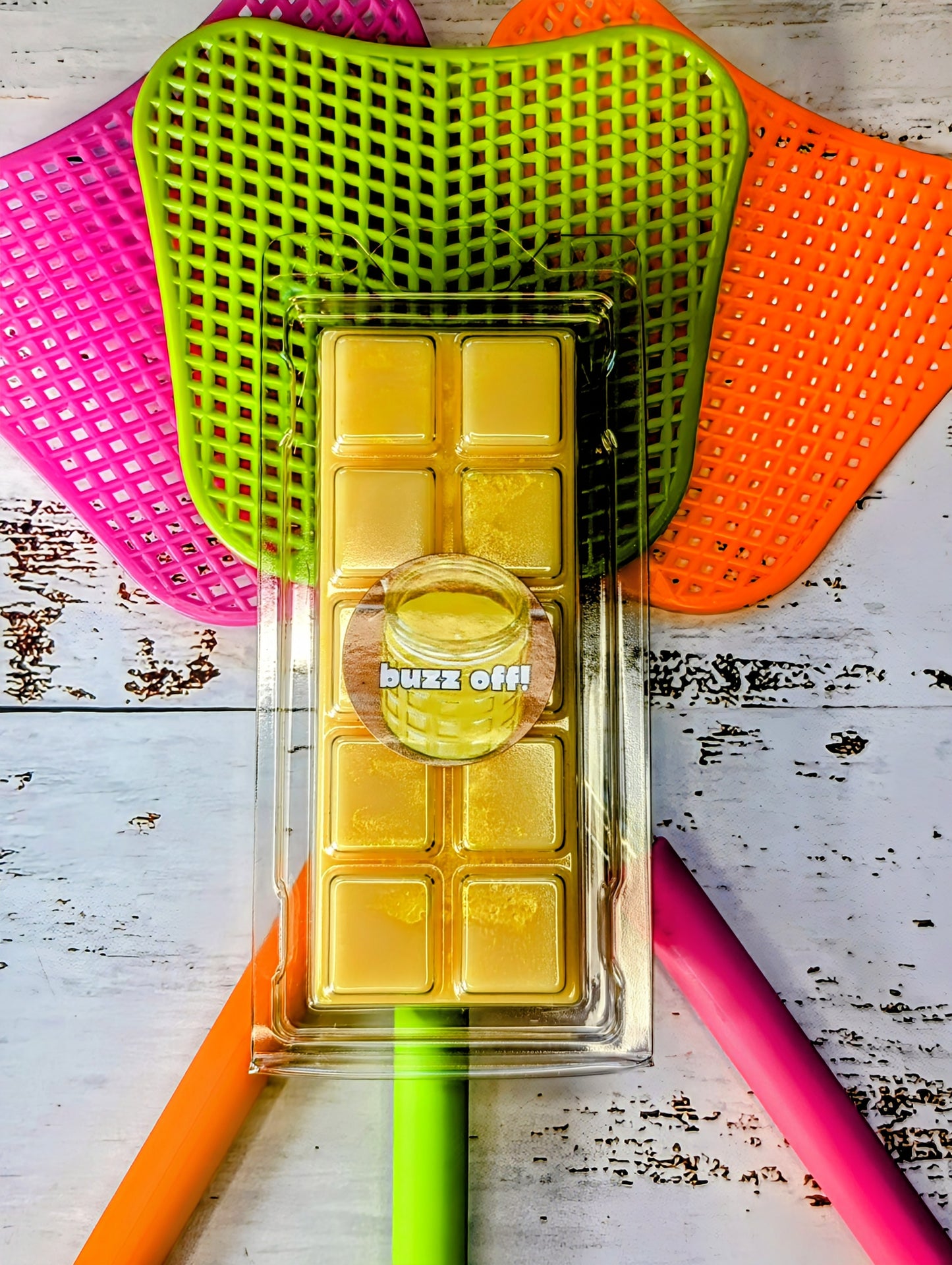 Buzz Off! coconut wax melt. Bright yellow snap bar with fluorescent yellow shimmer accents.