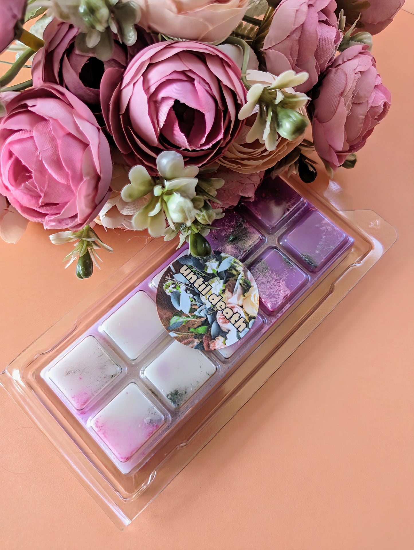 Until Death coconut wax melt. Purple and white ombre snap bar with shimmer and green glitter accents.