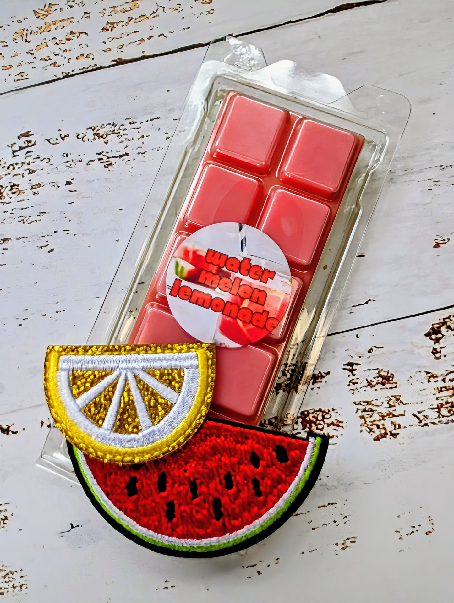 Watermelon Lemonade coconut wax melt. Red, green and white snap bar.