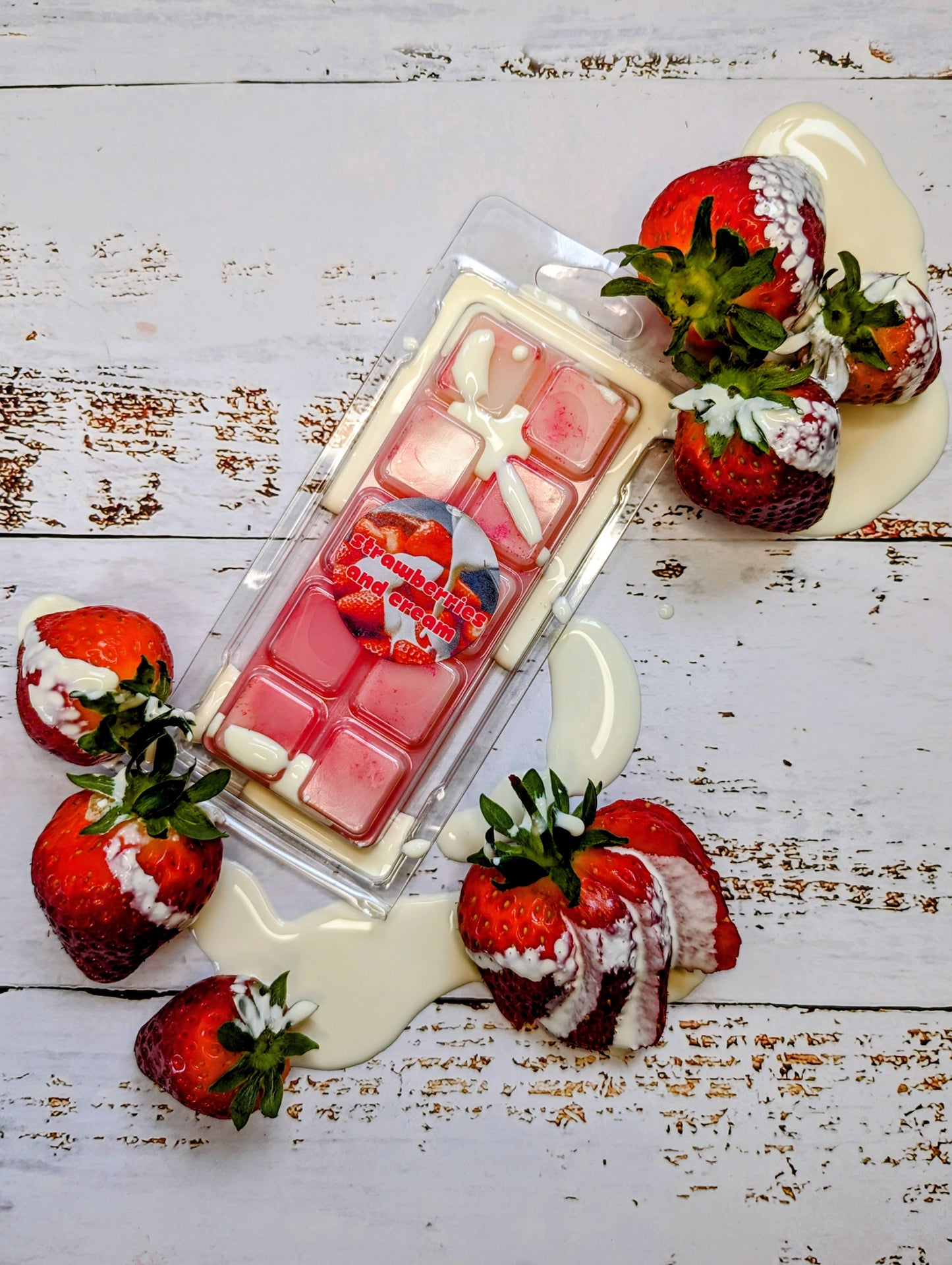 Strawberries and cream coconut wax melt. Light pink snap bar with pink shimmer accents.