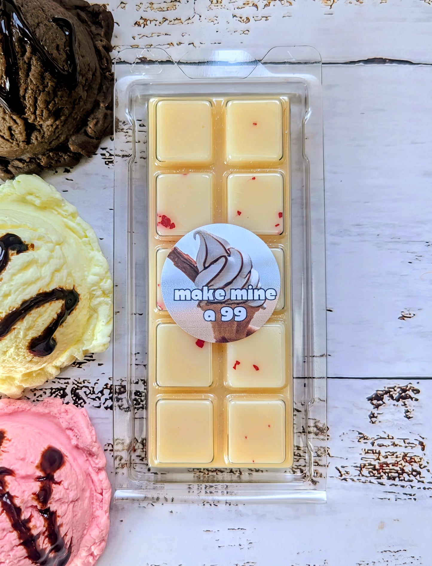 Make Mine A 99 coconut wax melt. Cream snap bar with raspberry accents.