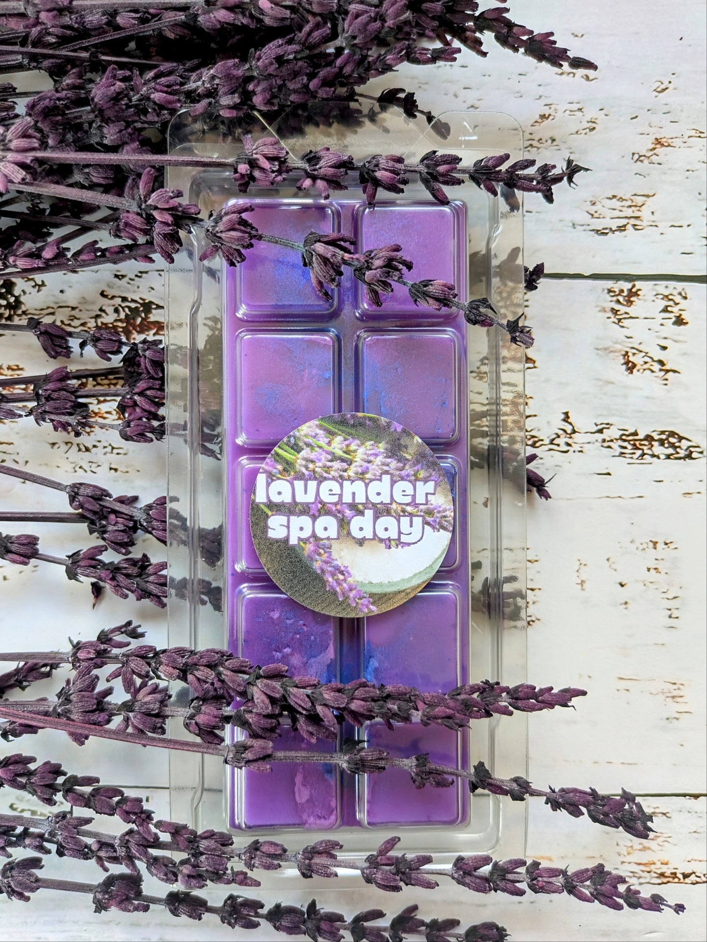 Lavender Spa Day coconut wax melt. Purple snap bar with deep purple and blue shimmer accents.