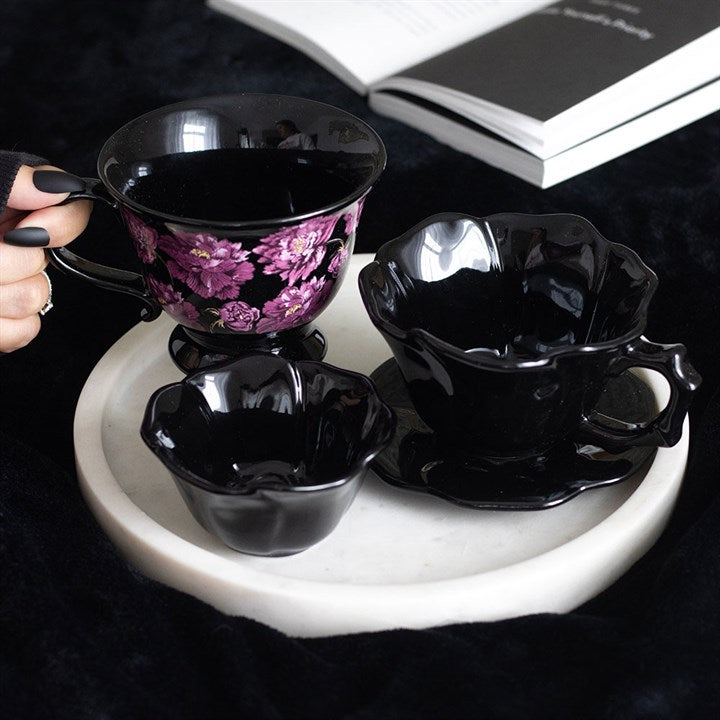 'Black Rose' Teacup and Saucer